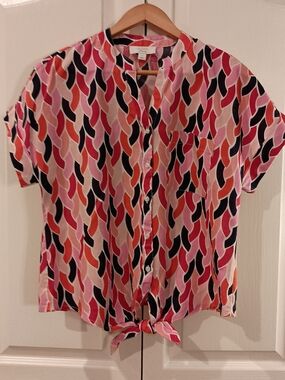 Charter Club Pink Multi Wave-Print Tie-Front Button Shirt